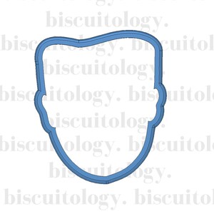 May include: A blue cookie cutter shaped like a human face. The cutter is designed for making cookies or other baked goods.