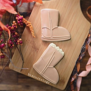 May include: Two decorated sugar cookies shaped like winter boots. The cookies are on a wooden cutting board with the text "biscuitology."