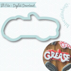 May include: A light blue cookie cutter in the shape of a classic car. The text "Stl File - Digital Download" is at the top. A close-up of a cookie with the word "GREASE" in red and white is in the lower right corner.