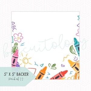 May include: White square backer with colorful crayon drawings, including a sun, flower, and ABCs. The backer measures 5" x 5" and is labeled "Pack of 12". The design features a playful, hand-drawn aesthetic, perfect for crafts or gifts.