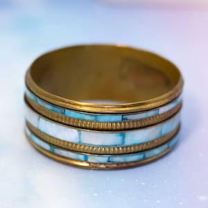 Vintage Abstract Blue Brick Style Design Gold Tone Bangle Bracelet | 7 inch | BX9