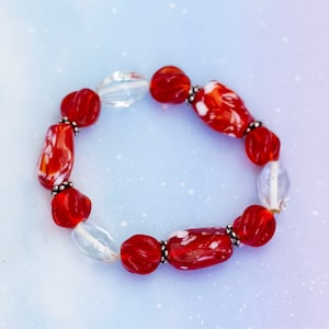 Vintage Vibrant Red & Colorless Glass Beaded Bracelet | 7 inch | J28