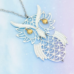Vintage Art Nouveau Silver Owl Necklace | Silver Tone Necklace | 24 inch | J17