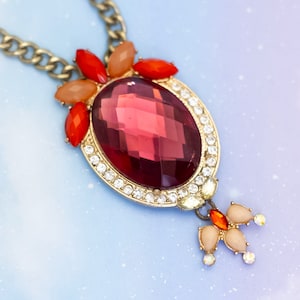 Vintage Art Deco Round Oval Faux Ruby Gemstone & Rhinestones Necklace | 18 inch | J28