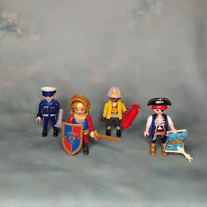 Set Of 4 Playmobil Men | Playmobil Pirates | Playmobil Fireman | Playmobil Knight | Playmobil Policeman | In good pre-owned condition