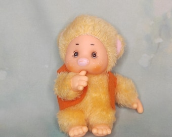 Rare poupée singe Ba Ba Monchichi orange vintage | 15 cm | Singe avec tétine | Tenue d'origine | En bon état d'occasion