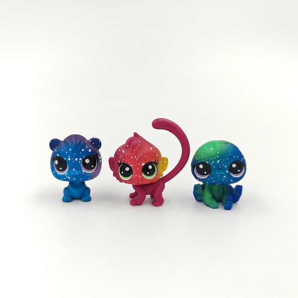 Set of 3 Littlest Pet Shop Mini's Cosmic Galaxy Figures | Comet Monker Monkey, Celestine Slothin Sloth, Lyra Blue Beaver | Collectible LPS