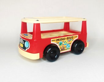 Minibús Fisher-Price vintage de 1969 - Rojo y blanco | 15 cm o 6 pulgadas | Coches antiguos coleccionables | Leer