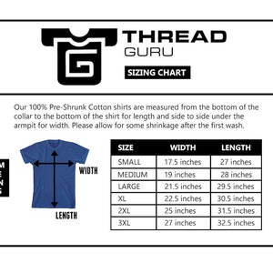 May include: A size chart for men's t-shirts, showing the width and length measurements in inches for sizes small through 3XL. The chart includes a graphic of a blue t-shirt with measurements labelled.