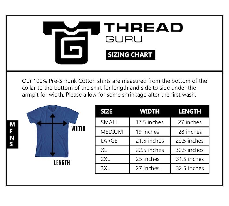 Puede incluir: Una tabla de tallas para camisetas de hombre, que muestra las medidas de ancho y largo en pulgadas para las tallas S a 3XL. La tabla incluye un gr&aacute;fico de una camiseta azul con las medidas etiquetadas.