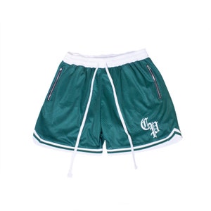 City Parc Pantalones cortos de baloncesto verdes premium para hombre Pantalones cortos de malla 2 bolsillos con cremallera Cordón delantero Pantalones cortos Swingman