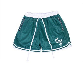 Short de basket-ball vert premium City Parc pour homme Short en filet 2 poches zippées avec cordon de serrage sur le devant Short Swingman
