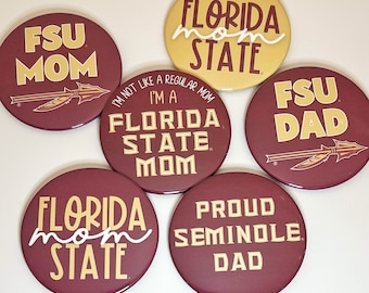 Florida State University Mom Dad || Official Licensed Gameday Buttons FSU Seminoles Merch Noles Tailgate Football Gifts Pins Fsu Mom Fsu Dad