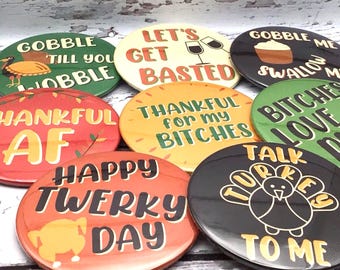 Sassy Thanksgiving Buttons | Fun & Cheeky Friendsgiving Favors in Fall Colors