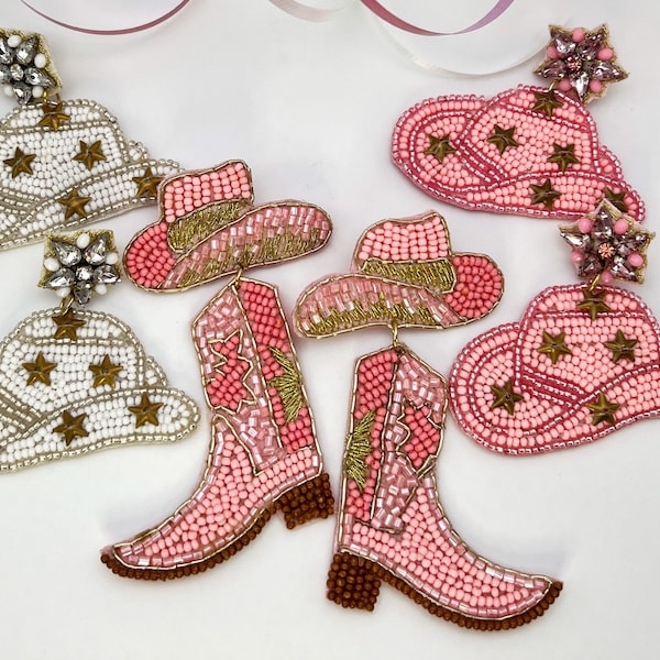 Boot Hat Earrings || Cowgirl Jewelry Outfit Party Pink Boots Pink Cowboy Hat Earrings Pink Boots Pink Hat Glam Hat Pink Cowgirl Costume