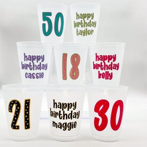 Personalized Birthday Party Cups: Frosted Plastic, Custom Name & Age, Set of 5