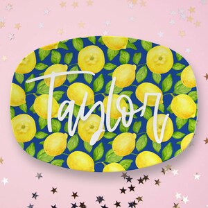 Blue Lemon Serving Platter | Personalized Last Name Gift, Citrus Kitchen Decor, Housewarming or Shower Gift, Lemon Hostess Tray