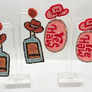 Yeehaw Cowgirl Earrings – Blue Vodka Bottle with Pink Hat or Rhinestone Yee Haw – Perfect for Bachelorette, Birthday, & Vodka Lovers!