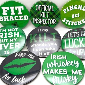 St Patricks Day Buttons | Kiss Me Im Irish | Shamrocks & Clover Design Pin | Bad and Boozy Lucky in Love Gifts