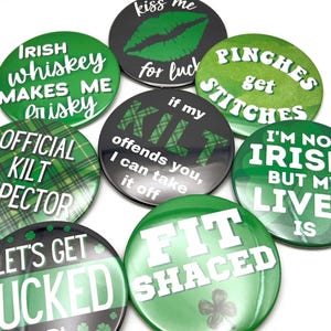 St Patricks Day Buttons | Kiss Me Im Irish | Shamrocks & Clover Design Pin | Bad and Boozy Lucky in Love Gifts image 2
