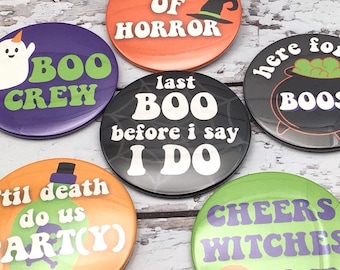 Drink Up Witches Halloween Bachelorette Buttons | Witchy & Gothic Bachelorette Pins | Boo Crew Cheers Witches