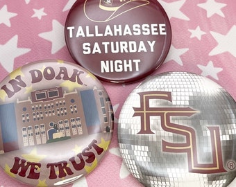 Tallahassee Saturday Night Button Pin | Officially Licensed FSU Game Day Buttons | Florida Seminoles Pinback | FSU Logo Tailgate Accessory