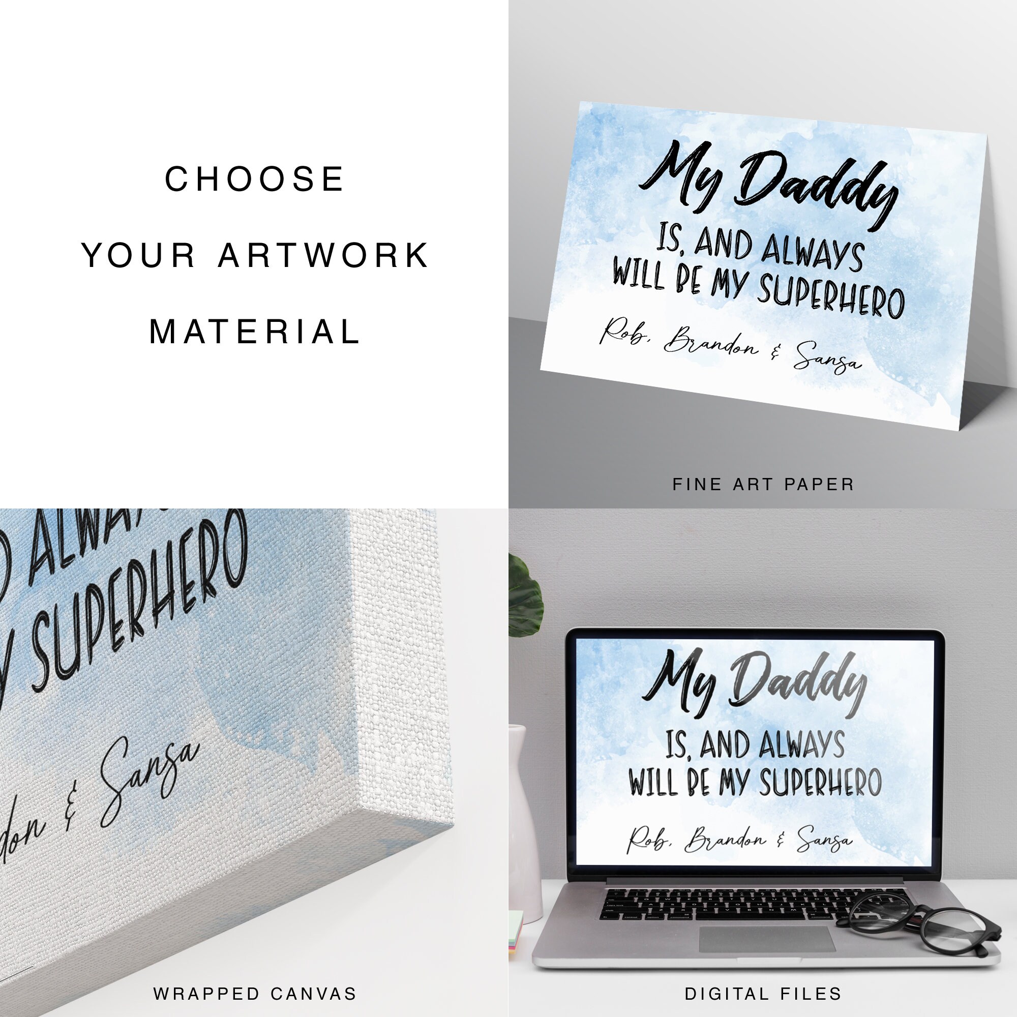 Personalized Digital Watercolor Painting on Canvas Superhero Dad Sweet Sayings Father's Day Gift Custom Canvas Print From Photo with Text
