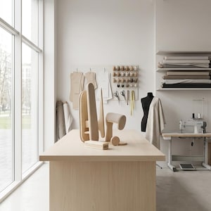 May include: A light wood sewing table with various wooden sewing tools and a dress form in a bright, well-lit studio. Shelves hold fabric rolls, and a sewing machine sits nearby. A pegboard displays sewing supplies.