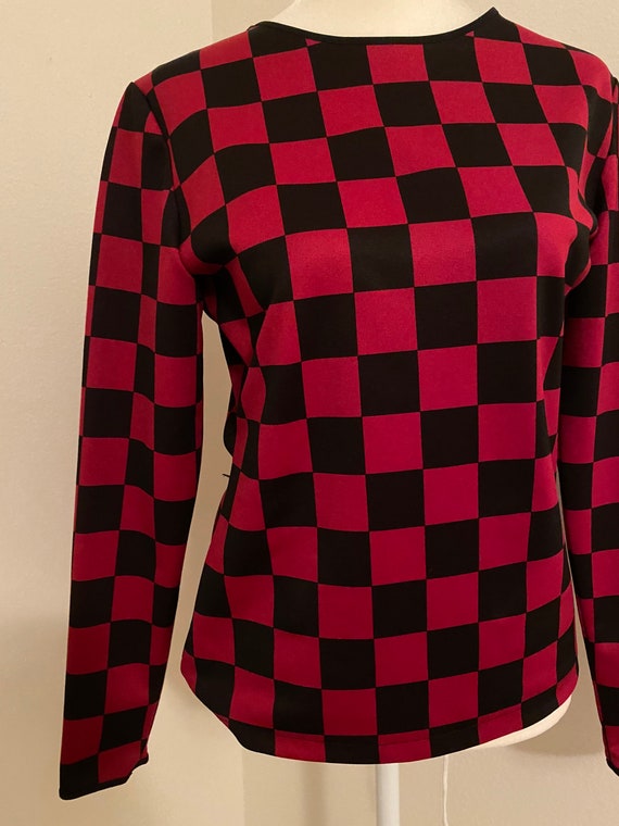 Burgundy and black checkered top. Two-tone blouse… - image 1