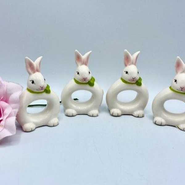 1990s Set of 4 Ceramic Bunny Napkin Rings Vintage Rabbit Spring / Easter Tableware Vintage Farmhouse