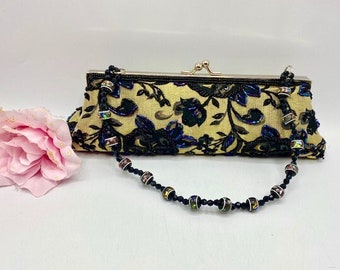 Vintage Beaded Evening Bag / Clutch (Carlo Fellini?) Kiss Lock Closure Gold with Black Beads Long and Short Handles  Prom / Wedding Purse