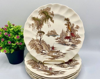 1950s Set of 6 Ironstone Dinner Plates Vintage Johnson Brothers The Old Mill Brown Transferware  Made in England