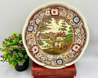 Vintage 1930s Dinner Plate Royal Cauldon Potteries Limited  Native Pattern Brown / Multicolor Transferware  Made in England
