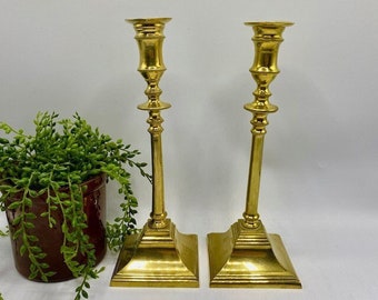Mid Century Set of 2 Tall Brass Candlestick Holders Vintage Brass Country Farmhouse / Fireplace Decor