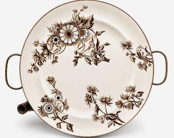 Victorian Aesthetic Movement Warming Dish: Brown Transferware & Copper Hot Water Plate / Antique English Serving Tray