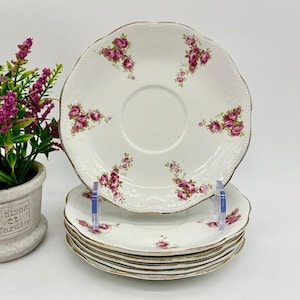 Antique Saucers / Dessert Plates  Porcelain Set of 6 - c.1910s Bishop & Stonier Elegant Pink Roses Embossed - Made in England