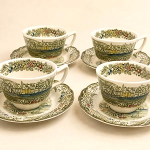 Vintage Ridgway Heritage Green Transferware Teacups & Saucers Set of 4: English Ironstone Tea Set / 1960s Canadiana Tableware