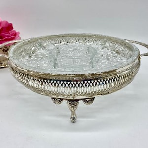 Vintage Pickle / Hors d'oeuvres Divided Serving Dish with Three Legged Handled Silver Holder c.1970s Queen Anne Tableware - England