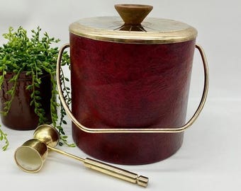 Vintage 1970s Ice Bucket Red / Burgundy Pleather with Gold Trim and Handle Mid Century Barware