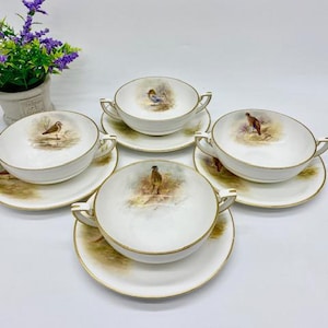 Vintage Rare Bone China Cream Soup Bowls and Saucers Set of 4 c.1930s Royal Worcester Game Birds Pattern - Artist Signed - Made in England