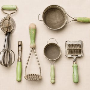 Vintage 1930s Green Handle Kitchen Utensils Set of 7: Depression Era Farmhouse Kitchen Decor - Egg Beater / Strainers and Masher