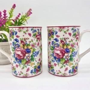 Vintage Bone China Tea / Coffee Mug Set of 2  c.1990s  Royal Albert Lady Carlyle Afternoon Tea Collection - Pink Florals - English Cottage