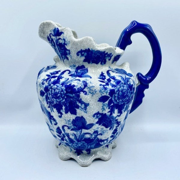 1980s Floral Pitcher Vintage Bombay Company Chinoiserie Blue and White Large Ceramic Pitcher / Vase