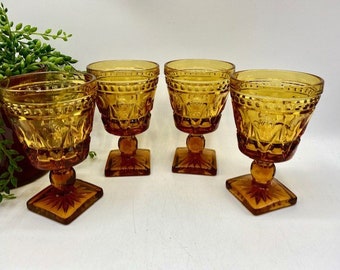 Vintage Wine Glasses Set of 4 c.1960s Indiana / Colony Glass Park Lane Amber - Square Base / Pedestal Stem Mid Century Barware - Made in USA