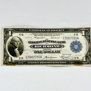 1918 Richmond Virginia Federal Reserve Bank Note - Antique US One Dollar Blue Seal National Currency Note Green Eagle - Collectible Currency