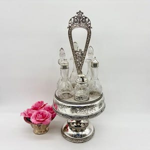 Antique Silver Cruet / Condiment Set of 7 c.1860s Meridian Silver Company Unique Spinning Lazy Susan - Made in USA - Elegant Tableware