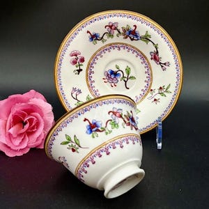 May include: A white teacup and saucer set with a floral design in blue, pink, and green. The set has a gold trim and a delicate, ornate pattern. The cup is tilted, revealing its interior.