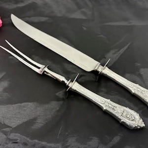 Vintage Sterling Silver Handled Carving Knife and Fork c.1930s Wallace Silver Rose Point Pattern - Stainless Steel Blade - Made in USA