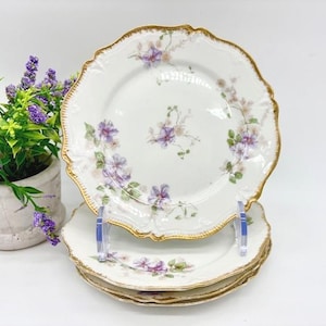 Antique Limoges Dessert / Bread Plates Set of 4 c.1900s CF Haviland/GOA Porcelain Purple/Gold -  Made in France - English/French Cottage