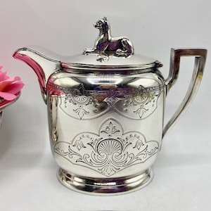 Antique Silver Lidded Water Pitcher / Tea Pot  c.1880s Figural Dog Handle Wilcox Quadruple Silver Plate 1109 - Made in the United States
